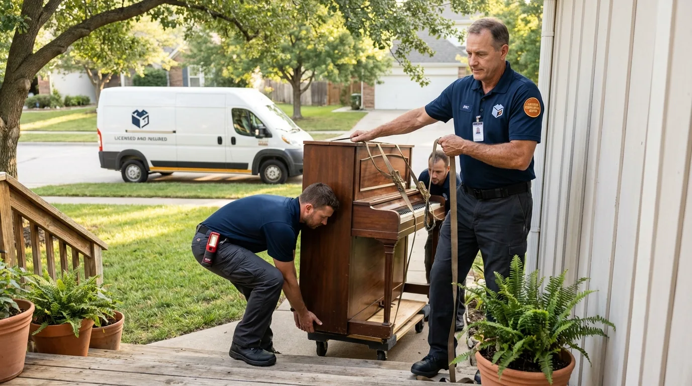 Licensed piano movers securing grand piano in Carver, MA