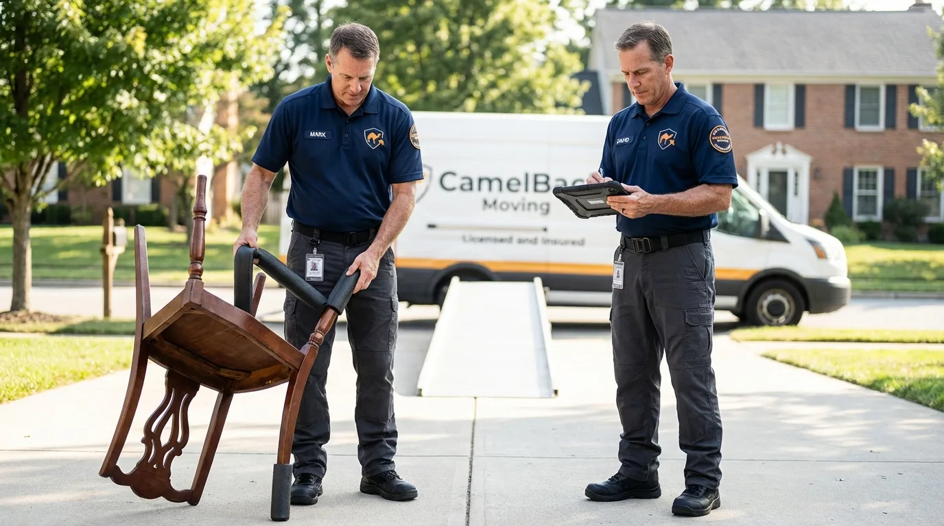 Movers inspecting furniture for damage prevention before loading in Carver, MA
