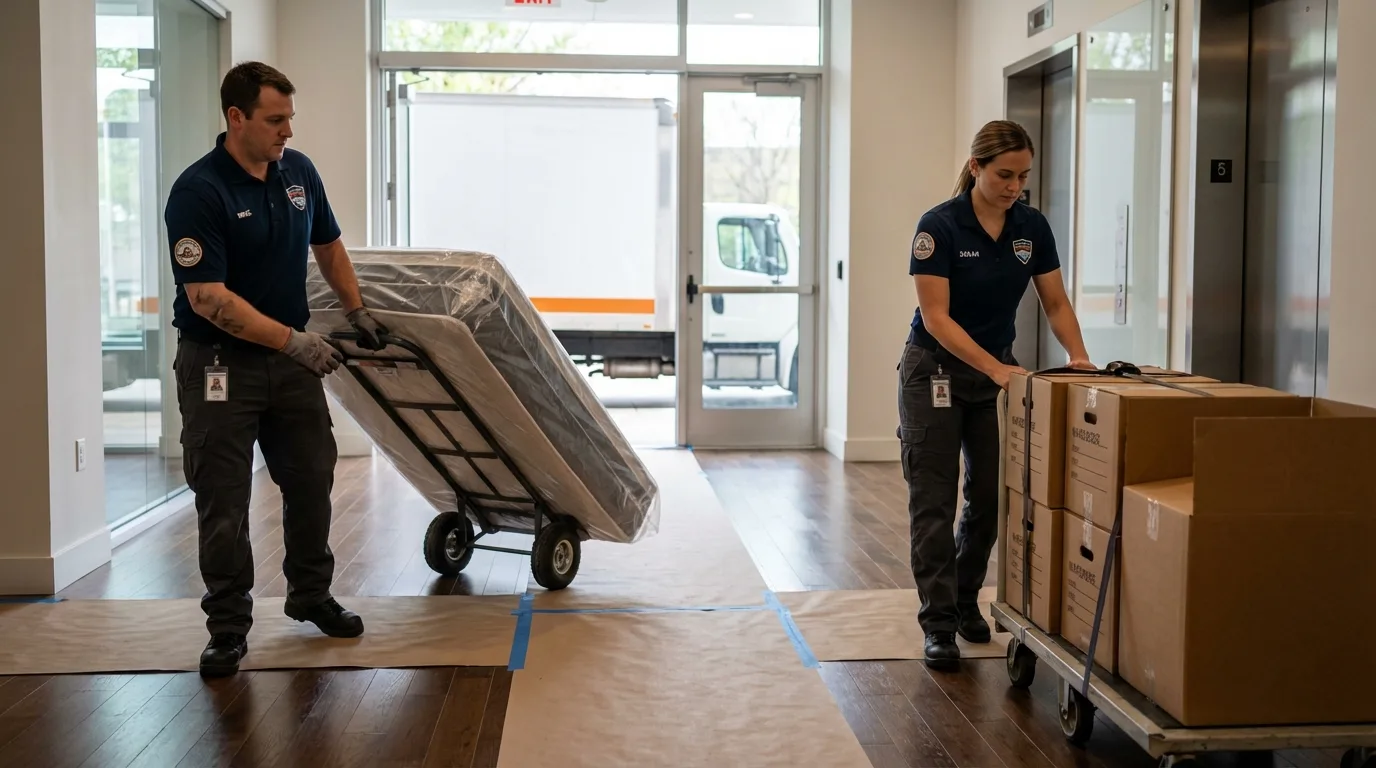 Professional apartment movers loading elevator in Carver, MA