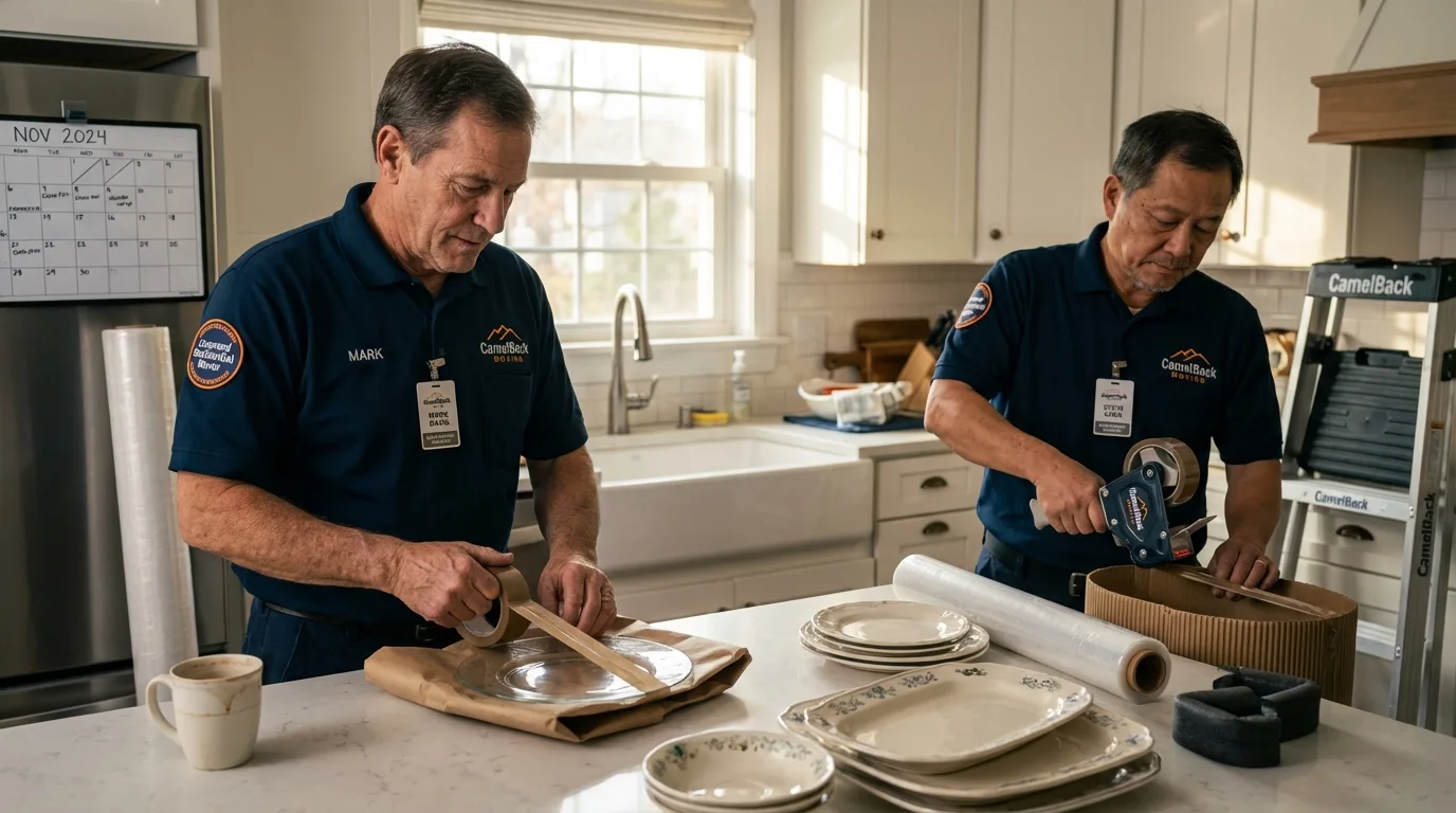 Professional crew packing kitchen dishware in Carver, MA